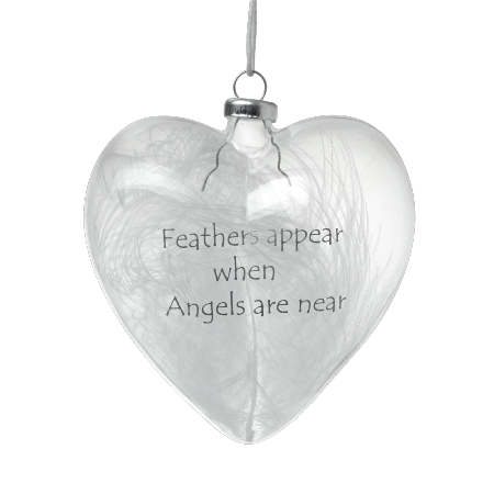 ‘Feathers appear when angels are near’ glass heart