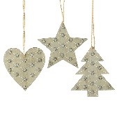 Wood Heart, Star & Tree Decoration